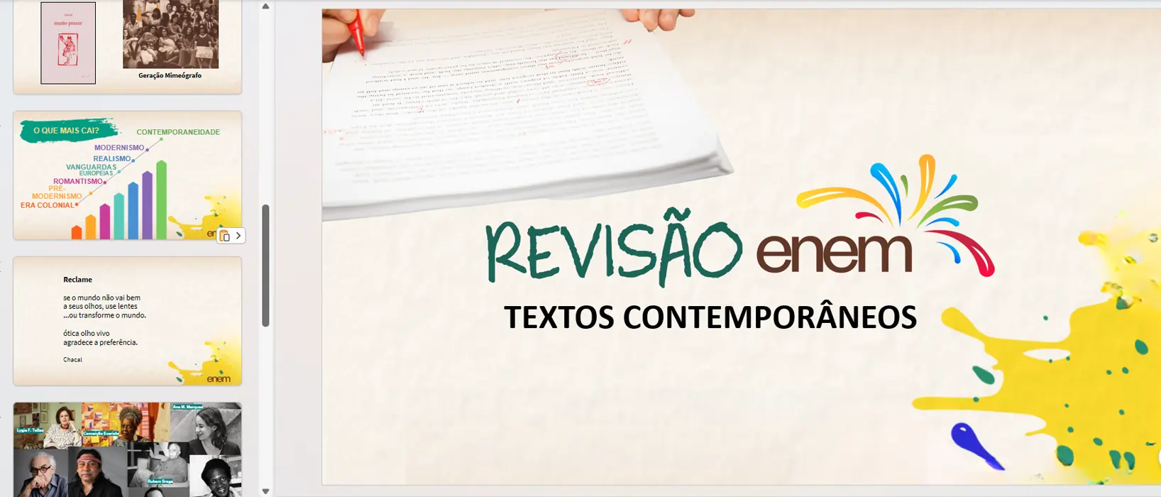 Slide de revisão sobre textos contemporâneos, aberto no editor de apresentações.