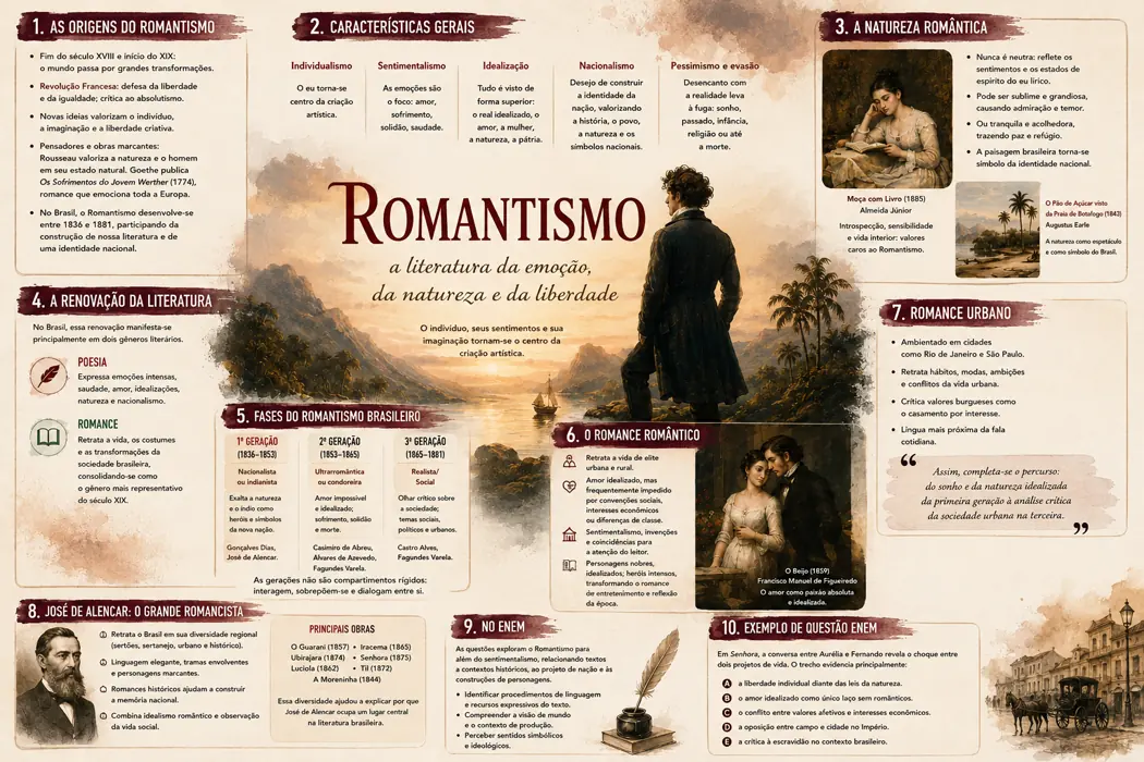 Infográfico sobre o Romantismo, com origens, características, fases e exemplo de questão do ENEM.
